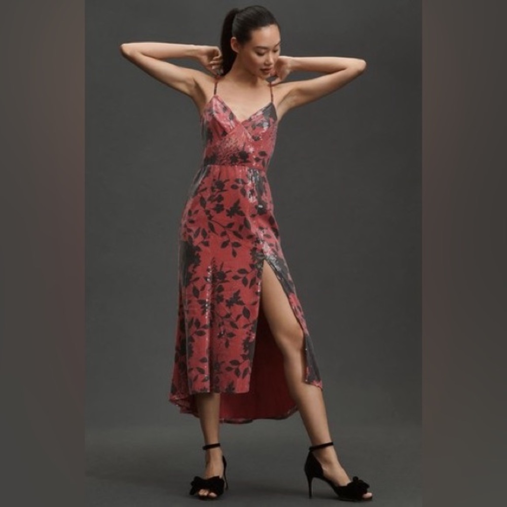 Hutch Pink and Black Sequin Floral Midi Sleeveless Dress in Size 2 Petite